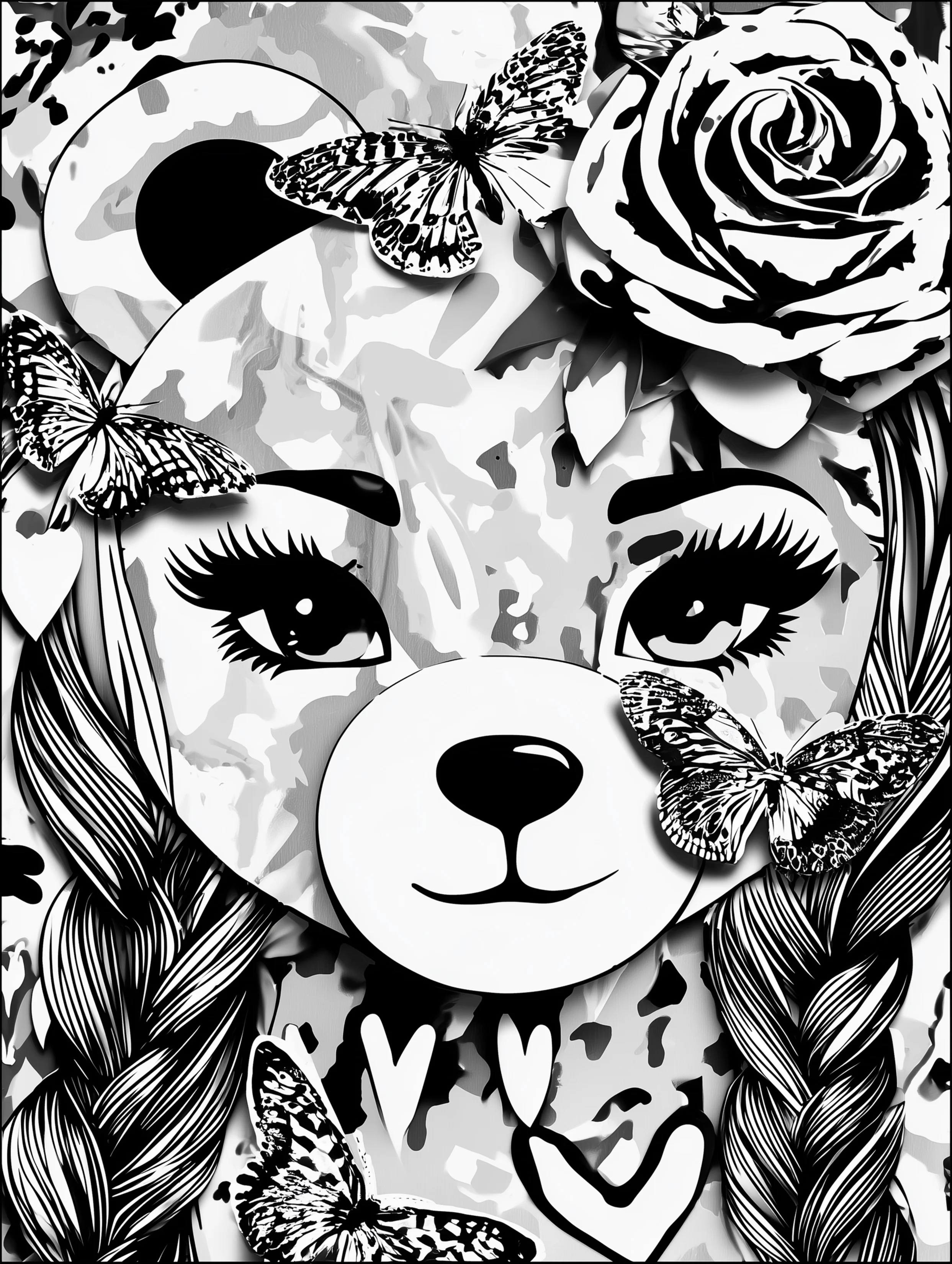 Free printable bear coloring book page featuring a braided bear